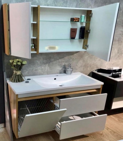 Комплект мебели для ванной Fancy Marble (Буль-Буль) Тумба с раковиной Wega R Дуб шпон + Зеркальный шкаф Wega R