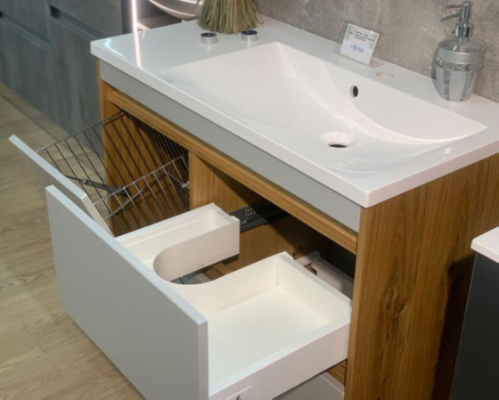 Комплект мебели для ванной Fancy Marble (Буль-Буль) Тумба с раковиной Wega R Дуб шпон + Зеркальный шкаф Wega R