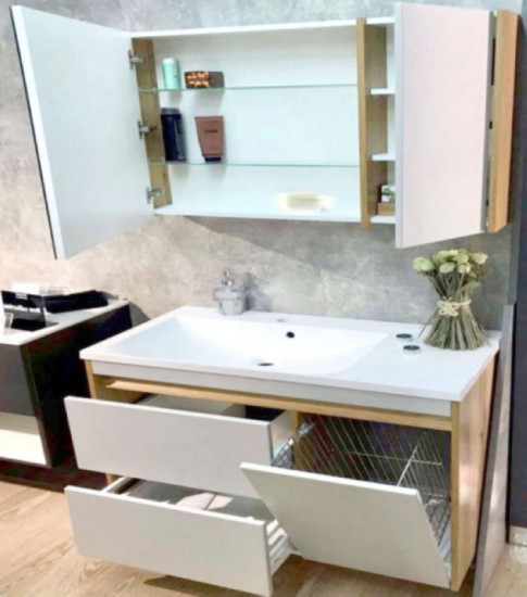 Комплект мебели для ванной Fancy Marble (Буль-Буль) Тумба с раковиной Wega L + Зеркальный шкаф Wega L