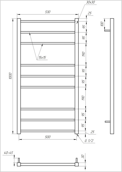 Водяной полотенцесушитель Genesis Aqua Tristar square 100x53 белый