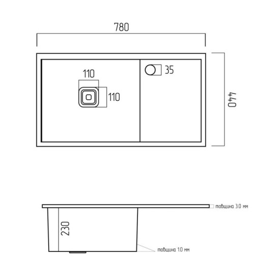 Кухонная мойка Platinum Handmade 780x500 L (один отвір, квадратний сифон, 3,0/1,0)