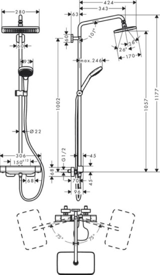 Душова система Hansgrohe Croma E Showerpipe 280 1jet EcoSmart 27660000