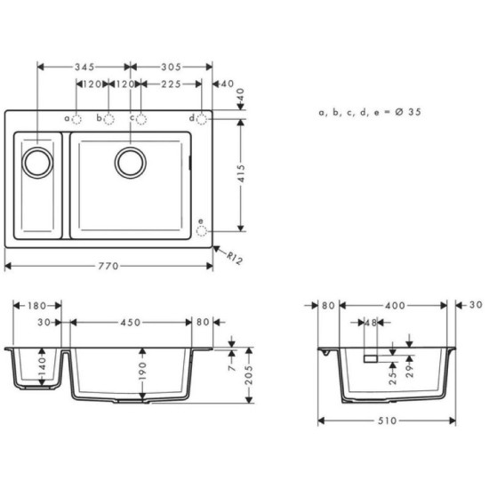Кухонная мойка Hansgrohe S51 S510-F635 770х510 на 2 чаши 80/450 graphiteblack (43315170)