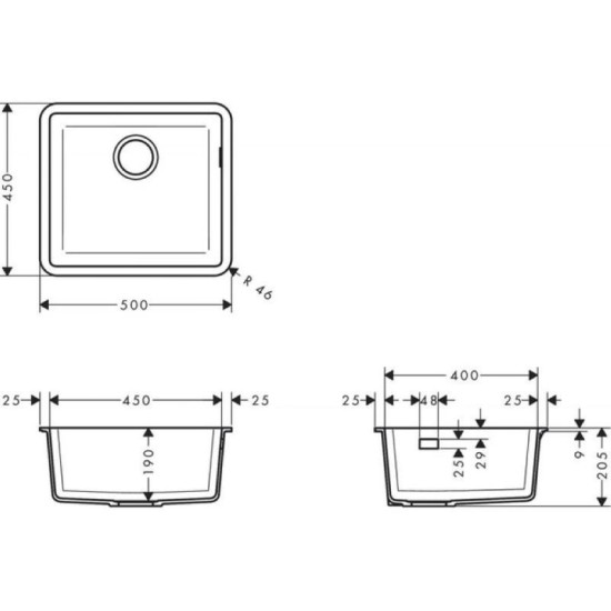 Кухонная мойка Hansgrohe S51 S510-U450 под столешницу 500х450 Graphiteblack (43431170)