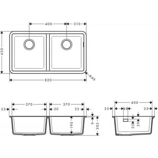 Кухонная мойка Hansgrohe S510-U770 под столешницу 820х450 на две чаши 370/370 Graphiteblack (43434170)