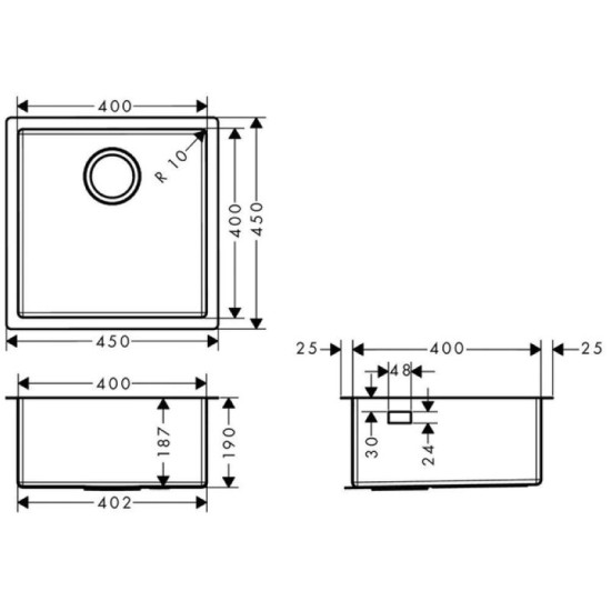Кухонная мойка Hansgrohe S71 S719-U400  под столешницу 450х450 stainless steel (43425800)
