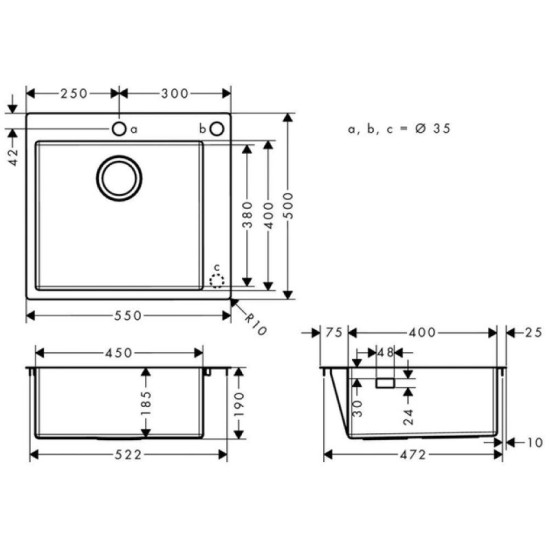 Кухонная мойка Hansgrohe S711-F450 на столешницу 2x35 550х500 мм Stainless Steel (43305800)