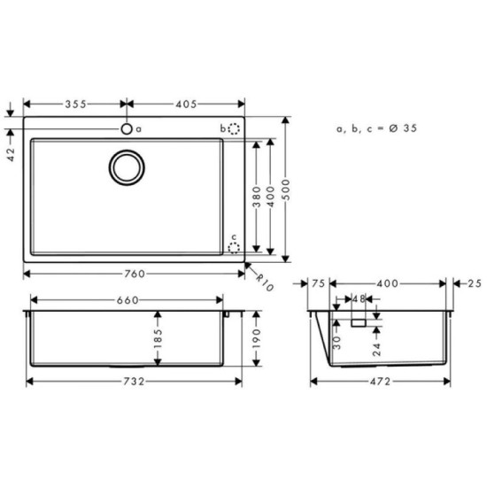 Кухонна мийка Hansgrohe S711-F660 на стільницю 1х35 760х500 мм Stainless Steel (43302800)