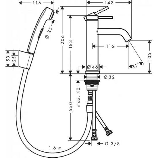 Змішувач для раковини з гігієнічним душем Hansgrohe Tecturis S 110 (73211000)