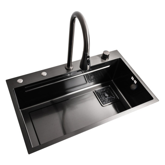 Кухонная мойка Platinum Handmade 75х45A PVD черная "Водопад"