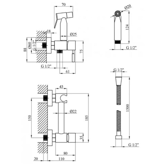 Гігієнічний душ із змішувачем Kroner KRP Edelstahl Kubus ESG052 (CV031897)