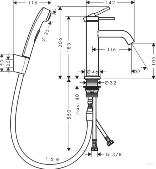 Смеситель для раковины с гигиенической лейкой Hansgrohe Tecturis S 110 73211670 черный матовый
