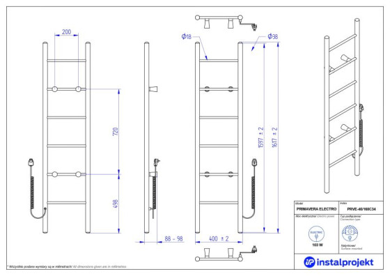 Рушникосушарка Instal-Projekt Primavera PRVE-40/160C31 400х1597 мм, чорний матовий