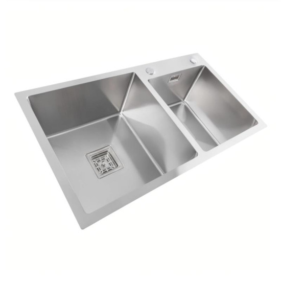 Кухонная мойка Platinum Handmade HDB 780х430х230 на две чаши (квадратный сифон, 3.0/1.0)