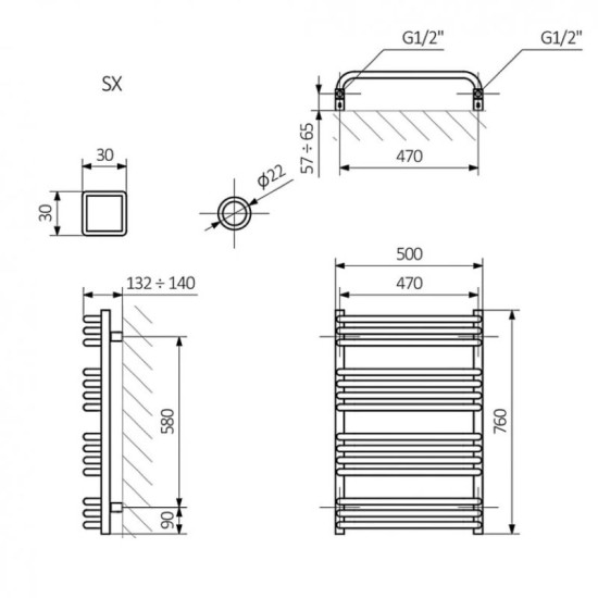 Рушникосушарка Terma 760x500 Alex WGALE076050K916SX