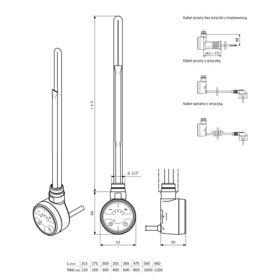 ТЭН с кабелем спиральным Terma MOA 600W Chrome (WEMOA06TCROU)