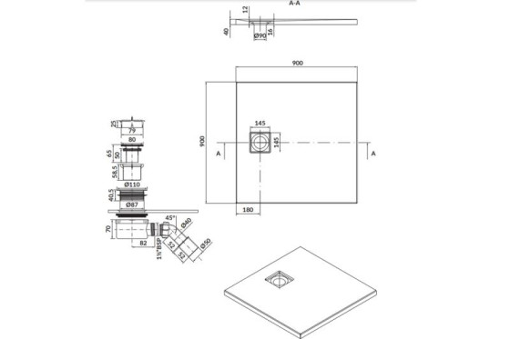 Душовий піддон Cersanit TAKO SLIM 90x4 чорний + сифон S932-166