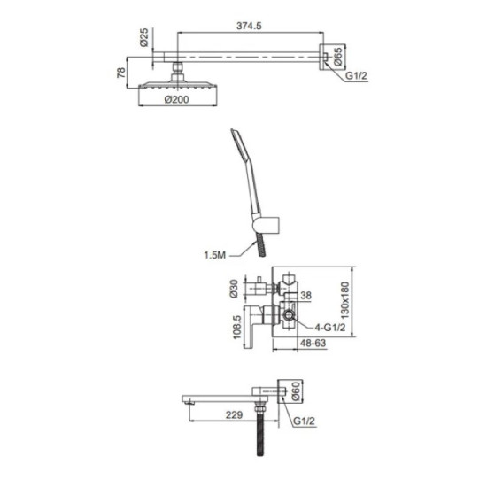Душевая система скрытого монтажа Koer KI-66015-02 (Цвет нерж) (KR4785)