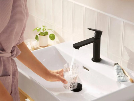 Смеситель для раковины Hansgrohe Rebris S 80 Coolstart EcoSmart+ с д/у pop-up, матовый черный (72586670)