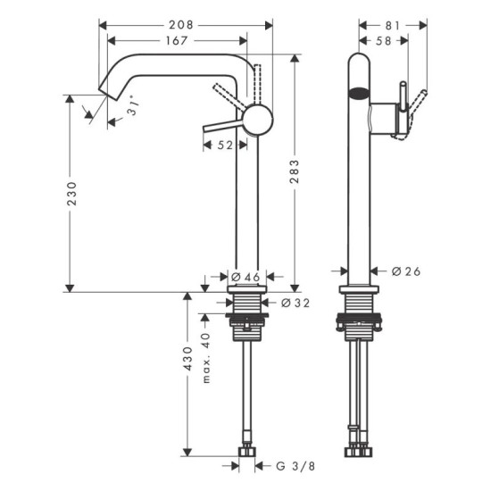 Змішувач для раковини Hansgrohe Tecturis S 240 Fine CoolStart без донного клапана, хром (73372000)