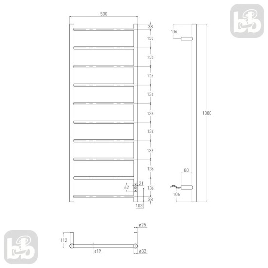 Полотенцесушитель Volle AQUA RONDA 9235.000204 R 500x1300 de la noche