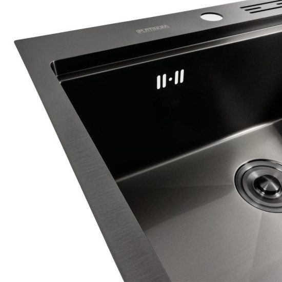 Кухонна мийка Platinum Handmade PVD 600х500 чорна з підставкою для ножів (сифон круглий чорний 3,0/0,8)