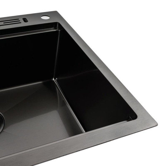 Кухонна мийка Platinum Handmade PVD 600х500 чорна з підставкою для ножів (сифон круглий чорний 3,0/0,8)