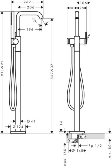 Смеситель для ванны Hansgrohe Tecturis S напольный, хром (73440000)