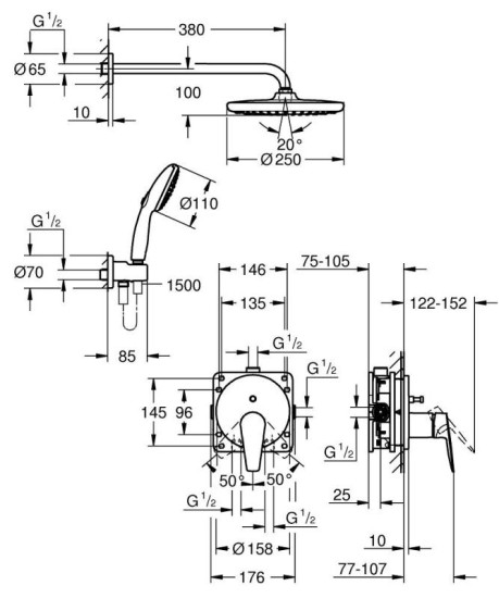 Душевая система скрытого монтажа Grohe BauEdge Tempesta 250 (25290000)