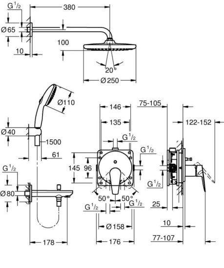 Душевая система скрытого монтажа Grohe BauEdge Tempesta 250 (25291000)