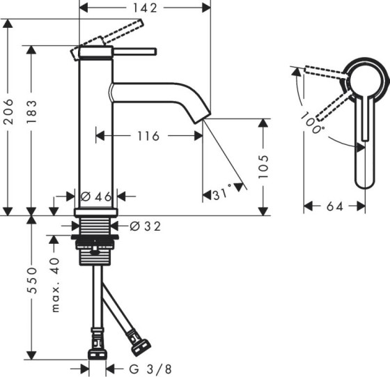 Смеситель для раковины Hansgrohe Tecturis S 110 CoolStart без донного клапана, Brushed Bronze (73312140)