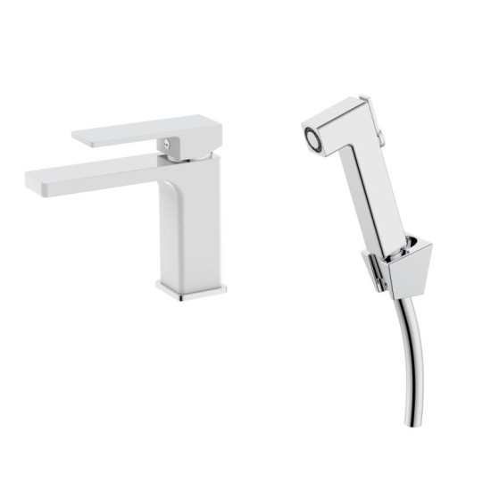 Змішувач для раковини з гігієнічним душем Qtap Gemini QTGEM272CRW45691 Chrome/White