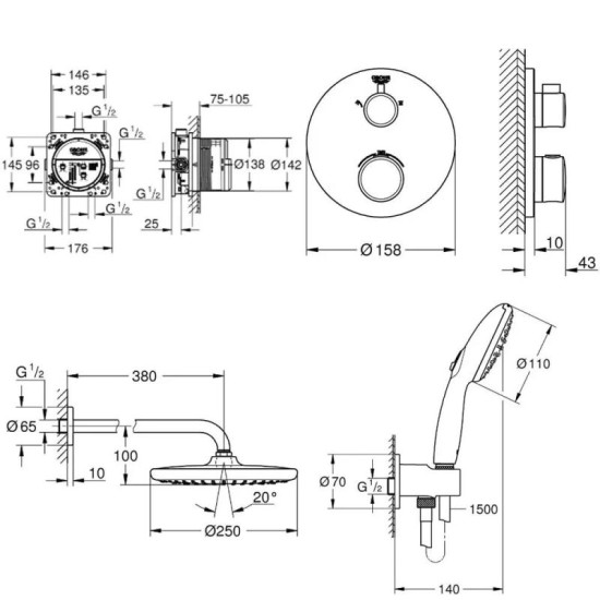 Душова система прихованого монтажа Grohe Eurosmart Tempesta 250 чорний матовий UA26415SC9