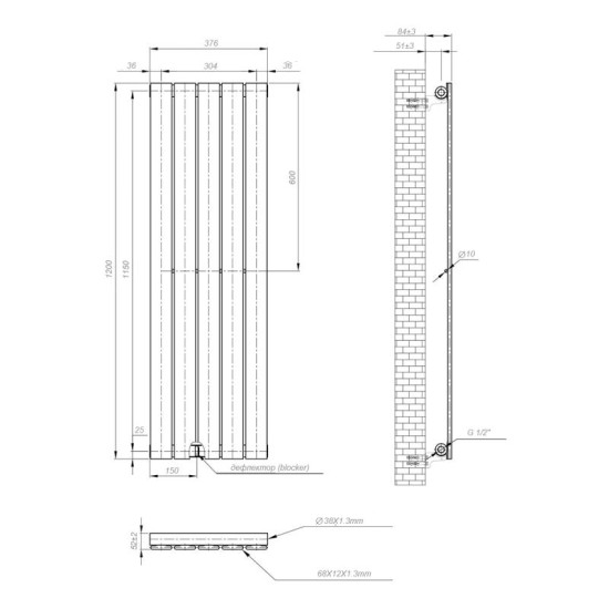 Вертикальний радіатор NAVIN Largo 376x1200-5,anticor, білий 02-144062-3712