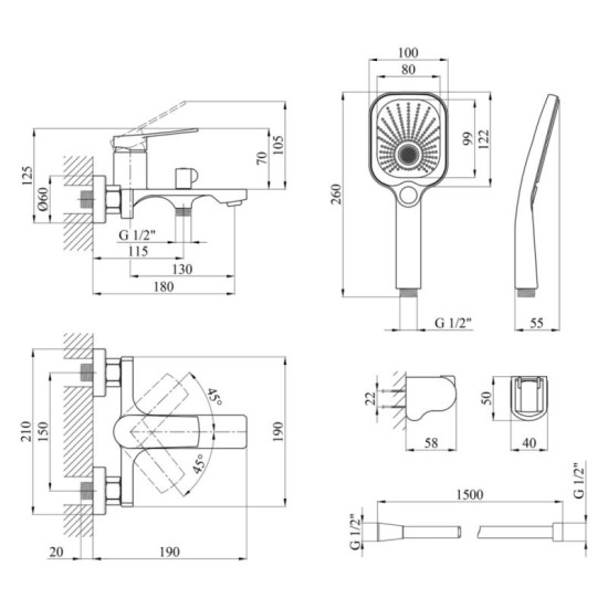 Смеситель для ванны Kroner KRP Makon - GRP060 (CV033863)