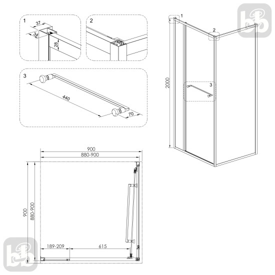 Душевая кабина Volle Cruze 90x90x200 1047.124701 прозрачное стекло