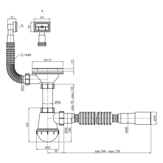 Сифон для кухонної мийки Kroner KRP - KS02 3 1/2"х40/50 мм