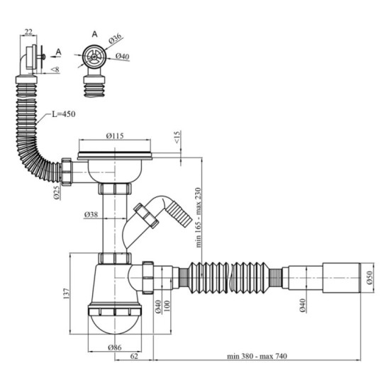 Сифон для кухонної мийки Kroner KRP - KS02R-1 3 1/2"х40/50 мм
