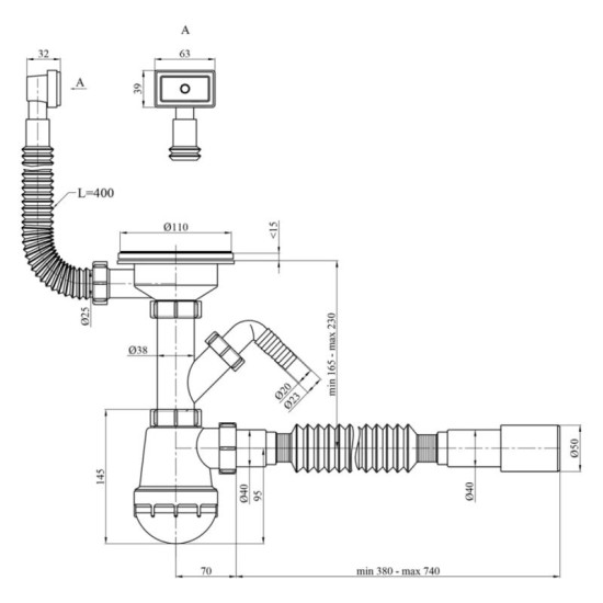 Сифон для кухонной мойки Kroner KRP KS02-1BLK 3 1/2"х40/50 мм