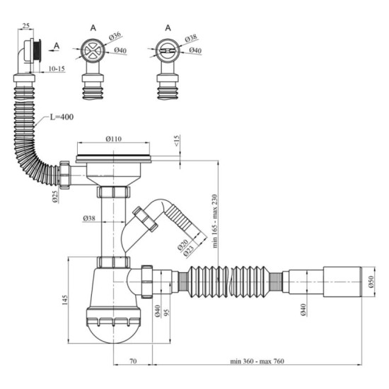 Сифон для кухонной мойки Kroner KRP KS02R-1BLK 3 1/2"х40/50 мм