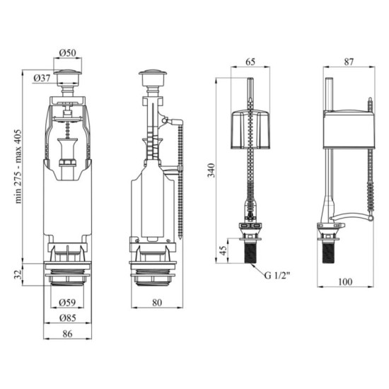 Комплект для бачка унитаза Kroner KRP - KIT6957 с одинарной кнопкой, нижний подвод 1/2"