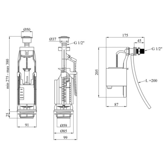 Комплект для бачка унитаза Kroner KRP - KIT7754 с двойной кнопкой, боковой подвод 1/2"