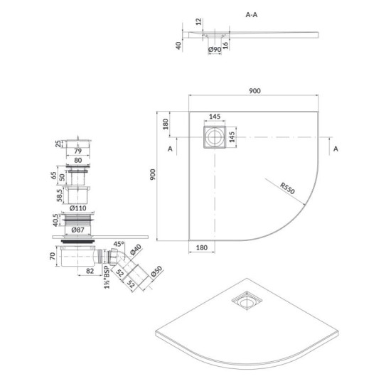 Душовий піддон Cersanit Tako SLIM 90x4 чорний матовий + сифон S932-164