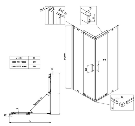Душевая кабина Koer SR SC03-90x90x200-TR-07 прозрачное стекло Easy Clean 6мм, графит (KR5359)