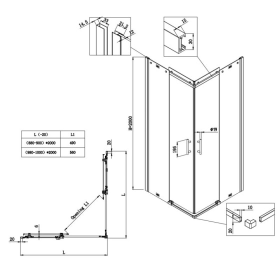 Душова кабіна Koer SR SC03-90x90x200-TR-12 прозоре скло Easy Clean 6мм, матове золото (KR5358)