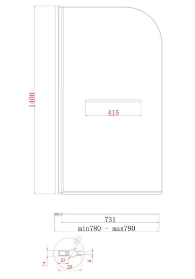 Шторка на ванну Koer SR BS02-80x140-TR-01 прозрачное стекло 6мм, хром (KR5401)