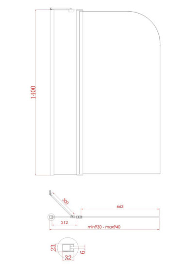 Шторка на ванну Koer SR BS03-95x140-TR-01 прозрачное стекло 6мм, хром (KR5402)