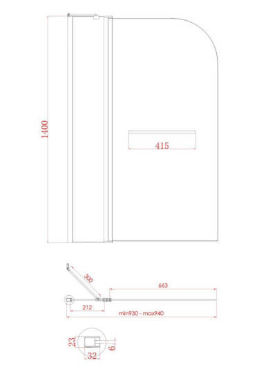 Шторка на ванну Koer SR BS04-95x140-TR-07 прозрачное стекло 6мм, графит (KR5404)