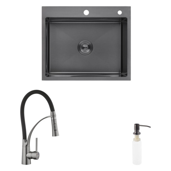 Кухонна мийка Kroner Schwarze-6050HM PVD + Ersel-GRP03393BLK + Spender-026 (CVS30071)
