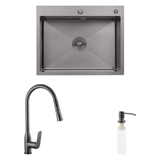 Кухонная мойка Kroner Schwarze-6350HM PVD + Graz-GRP030 + Spender-026 (CVS29809)